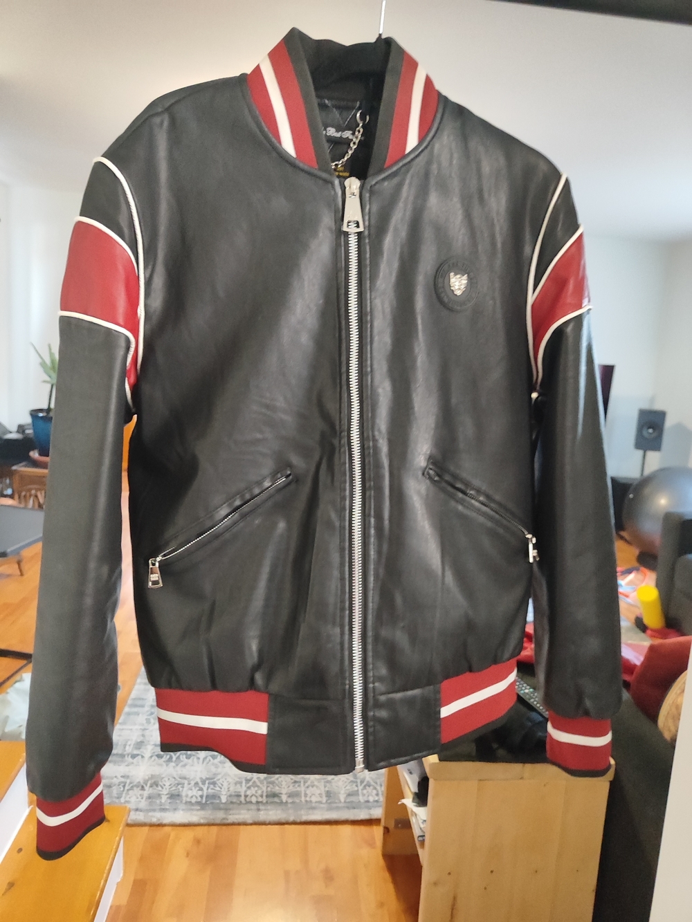 Unisex Reversible Black Teddy Bear Leather Bomber Jacket with Red Trim